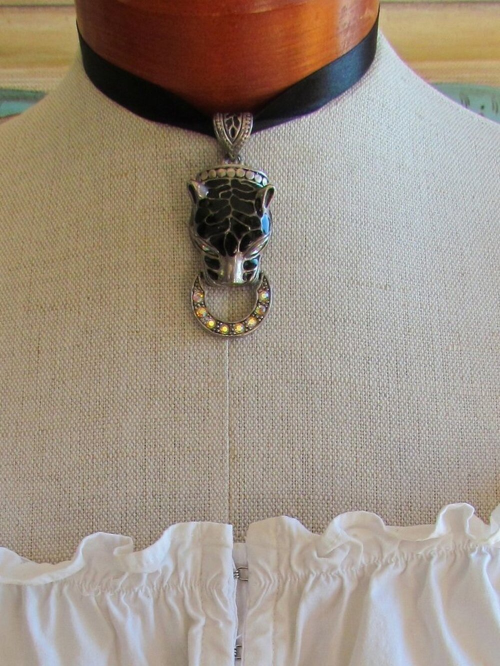 PANTHER NECKLACE on BLACK CHOKER, ENAMEL CAT HEAD DOOR KNOCKER STYLE PENDANT